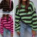 Lässiger Strickpullover mit Streifen für Damen, übergroß, überschnittene Schultern, Farbblock-Pullover, Acryl, weich, bequem, lange Ärmel, Rundhalsausschnitt_voghion.com