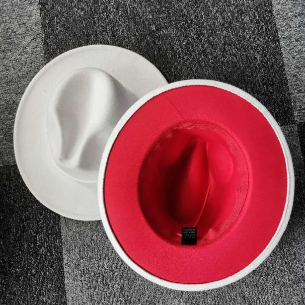 Trend Outer White Inner Red Patchwork Women Artificial Wool Felt Jazz Fedora Hats Ladies Flat Brim Panama Trilby Party_voghion.com
