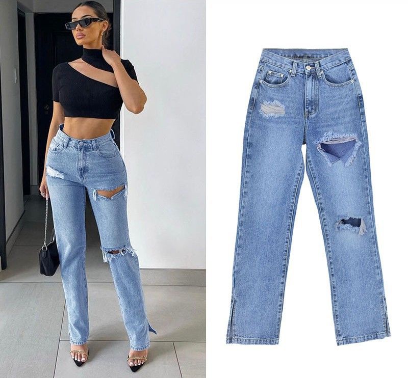  women's high waist slim straight denim trousers floor-length trousers ripped leg slits drape slightly flared trousers_voghion.com