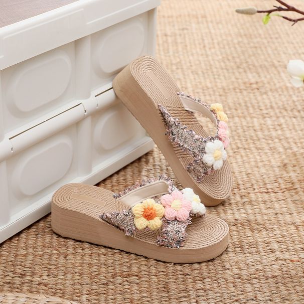 Γυναικείες παντόφλες, σανδάλια, με χοντρή σόλα και Xishuangbanna, από λινό ύφασμα με σταυρωτό λουράκι και υφαντό γρασίδι._voghion.com