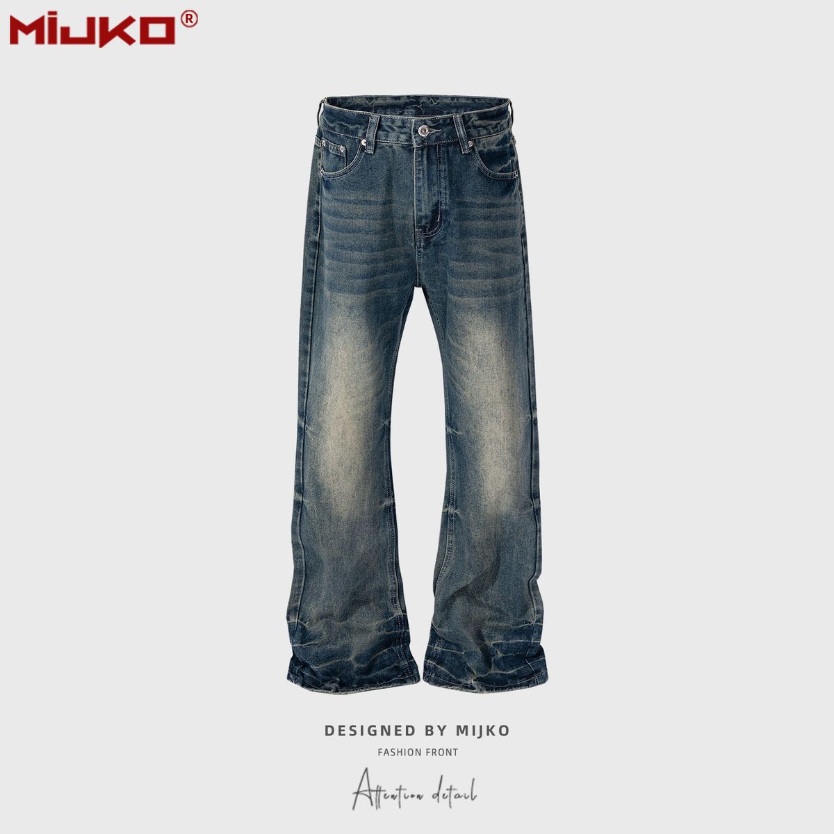 men's and women's washed distressed trousers, same style for men and women, micro-flared wide-leg laser texture design blue jeans_voghion.com
