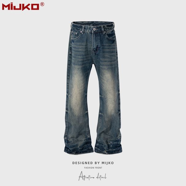 men's and women's washed distressed trousers, same style for men and women, micro-flared wide-leg laser texture design blue jeans_voghion.com