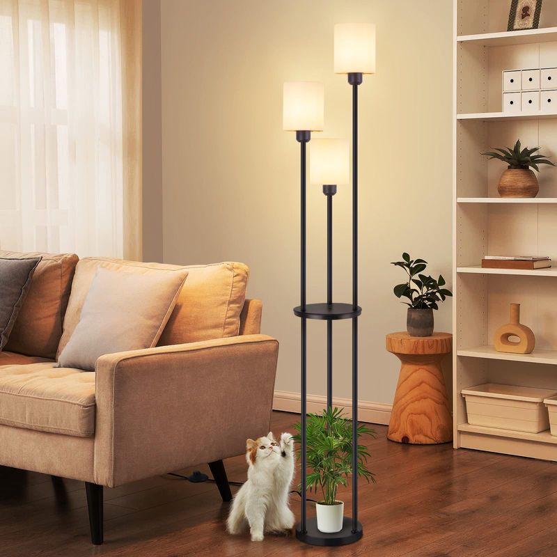 Stehlampe Wohnzimmer Stehleuchte Vintage - Standleuchte Mit Regal E27 Schwarz Regallampe Weiß 3 Flammig Stoffschirm Stoff (Ohne Leuchtmittel)_voghion.com