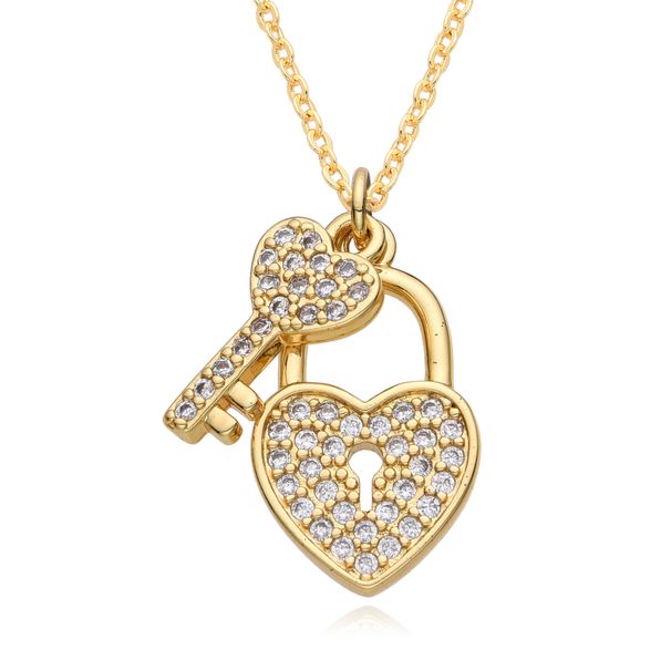 Japanese And Korean Style High-End Lock Key Pendant Necklace For Women Copper Gold-Plated Heart Micro-Inlaid Zirconia_voghion.com