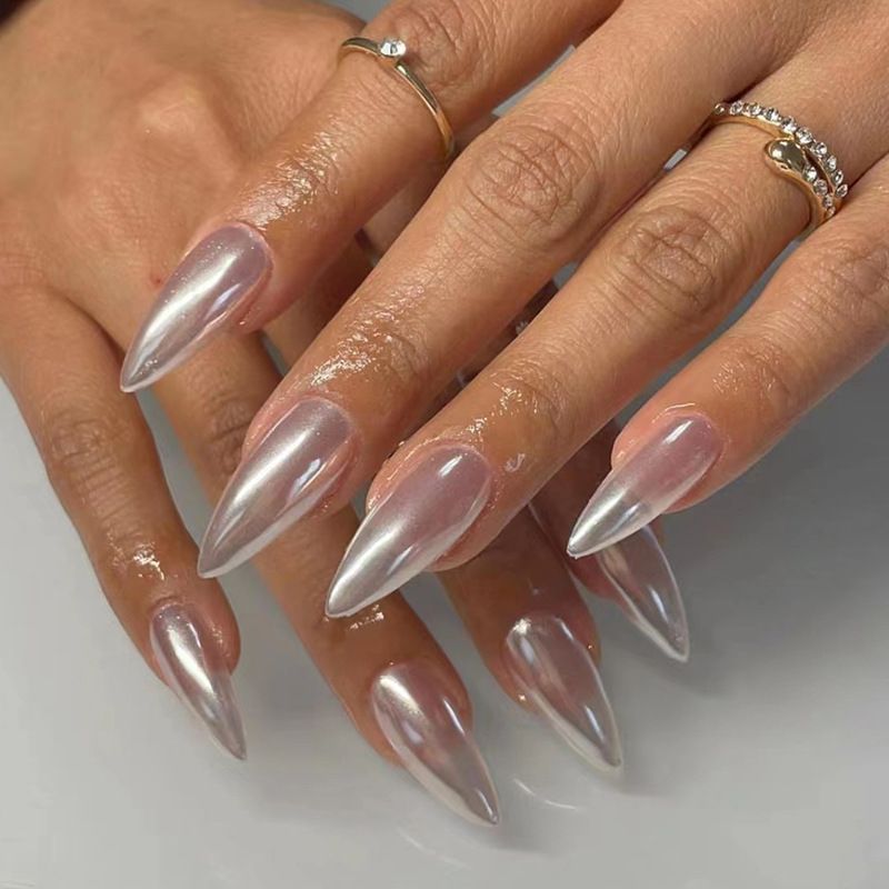 24 Stuks Water-drop Amandel Nep Nagels Scherpe Nagels Set Druk op Stiletto Glitter Sier Kunstnagels Wearable Volledige C_voghion.com