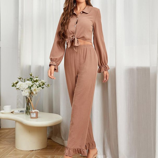 Pyjamas Damen, Herbst und Winter, gerüschte Strickjacken, Ärmel, lange Hosen, zweiteiliges Set für zu Hause, kann getragen werden_voghion.com