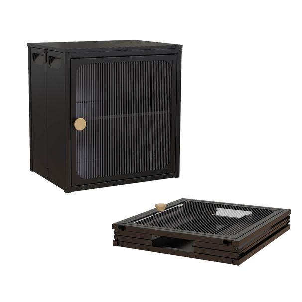 Single Sturdy & Convenient Foldable Cabinet, Durable Steel-Wood Combo With Anti-Slip Design & Quick Fold & Install, Easy To DIY Storage Container With Door, Black_voghion.com