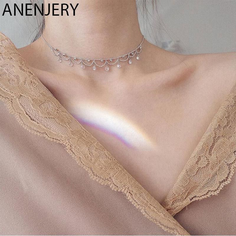 Vendite calde ANENJERY Argento Colore Goccia Zircone Choker Per Le Donne Clavicola Catena Collana Gioielli Regali S-N245_voghion.com