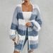 Damen-Strickcardigan mit langen Ärmeln, Streifenmuster, kuscheligem Fleecefutter, V-Ausschnitt und Laternenärmeln, Oversized-Passform – Hellblau, Herbst-Winter-Mode_voghion.com