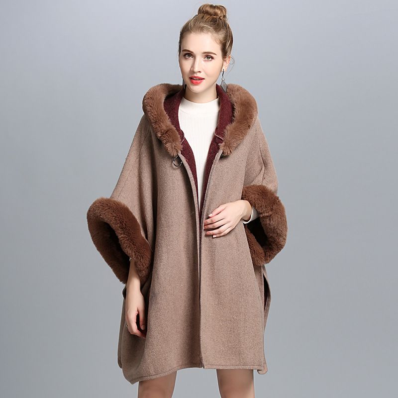 Elegant Hooded Cape Coat For Women - Soft Faux Fur Trim, Double-Faced Wool Blend, Versatile Layering Piece For Fall & Winter_voghion.com