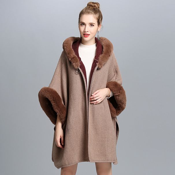 Elegant Hooded Cape Coat For Women - Soft Faux Fur Trim, Double-Faced Wool Blend, Versatile Layering Piece For Fall & Winter_voghion.com
