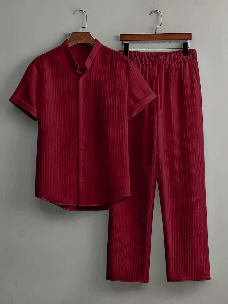 Herenkleding Heren Casual Multi Color Strandkleding Bamboe Gerimpeld Kort Mouw Pak Tweedelig Pak_voghion.com