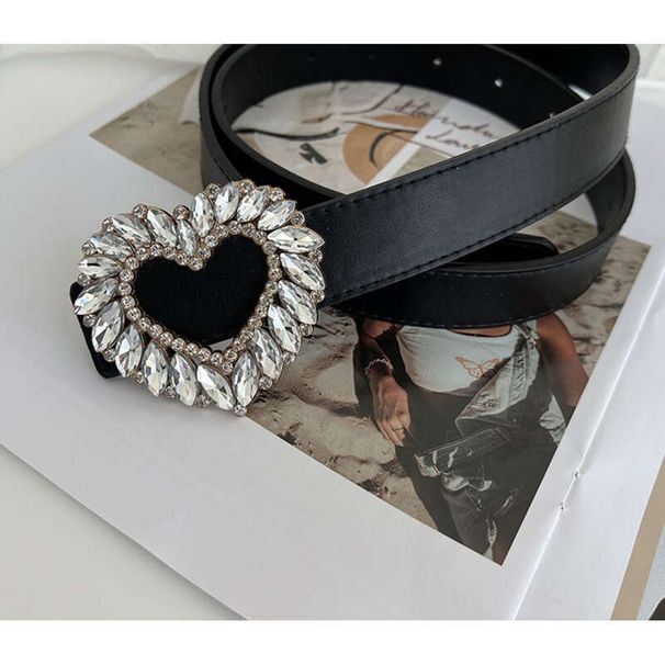Herzförmige Schnalle für Damen mit Strasssteinen, PU-Ledergürtel mit Rock_voghion.com