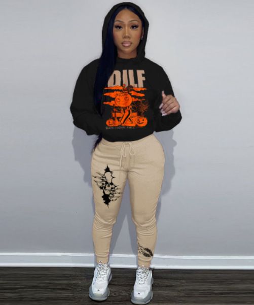 Kapuzen-Sweatshirt-Anzug Halloween-Sweatshirt- und Jogginghosenanzug mit peripherem DILF-Buchstabendruck für Damen_voghion.com