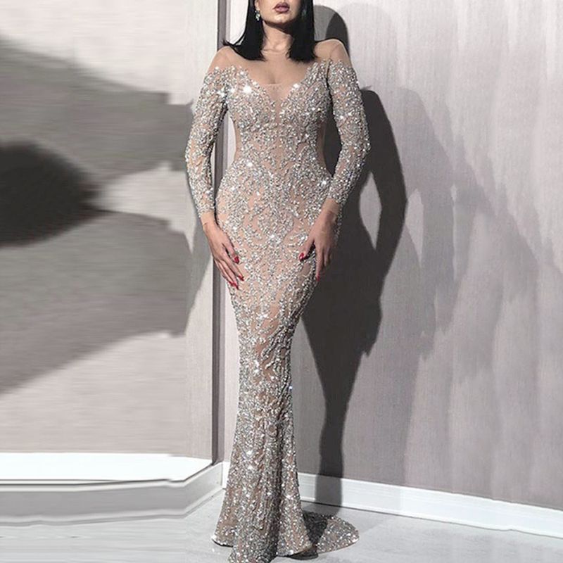 2025 Spring New Women's Gold Foil Sleeve Slim Sexy Long Dress Party Evening Gown_voghion.com