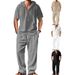 25 Men's Sports Casual Hooded Cotton Linen Sleeve Shirt Loose Long Pants Set_voghion.com