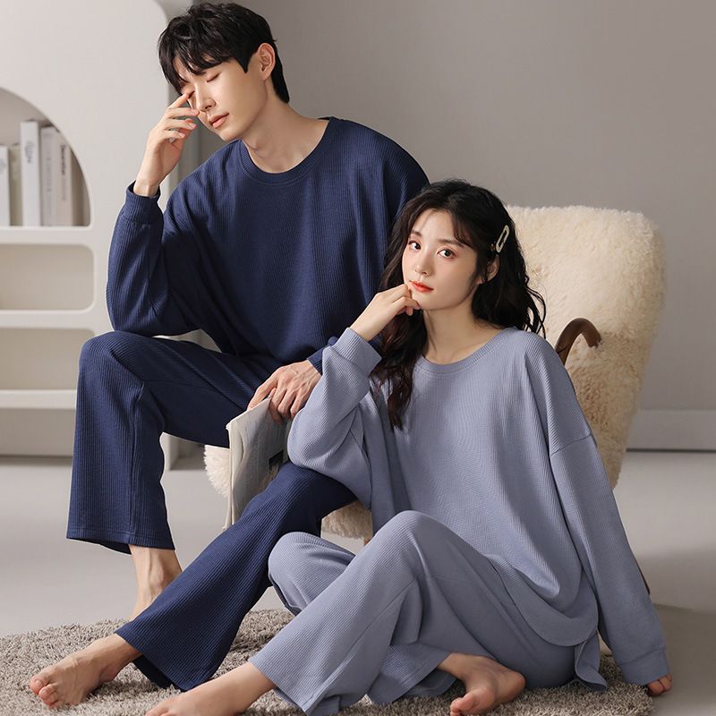 Couple's winter pajamas set, waffle sleeved long pants, cotton breathable men's women's home clothes, spring and autumn_voghion.com