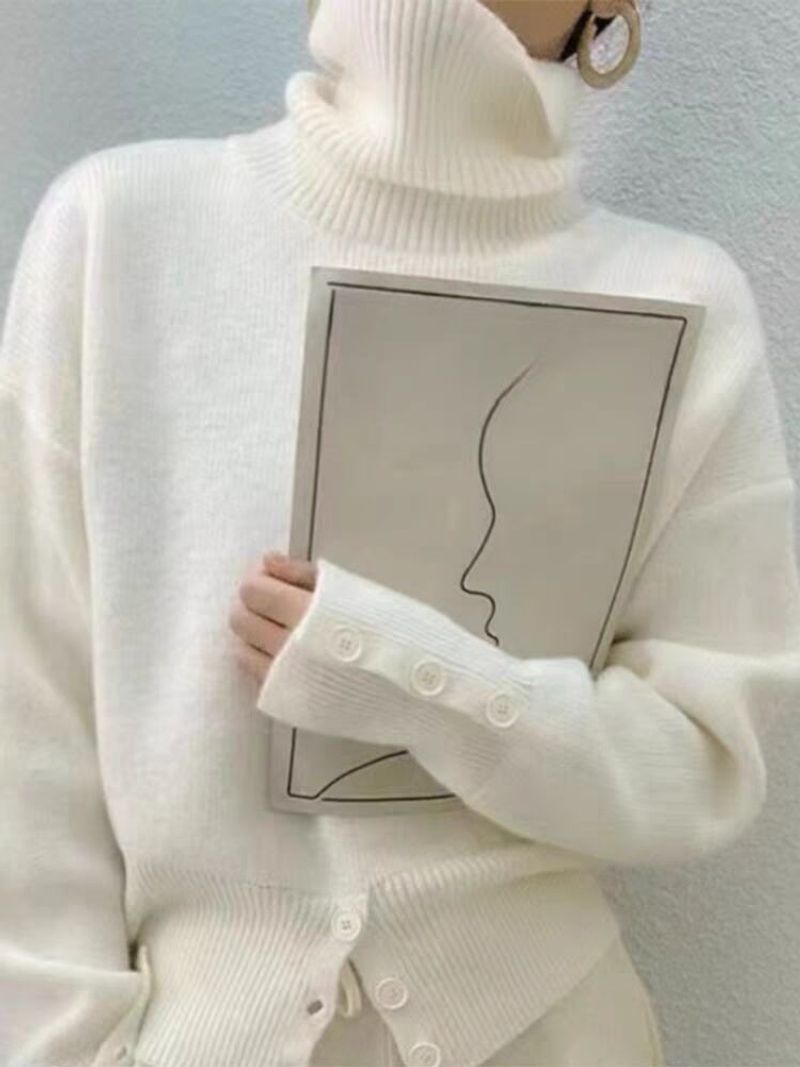Maglione lavorato a maglia da donna con collo alto e bottoni in vita, ispirato al design, in stile coreano pigro per l'autunno e l'inverno 2024_voghion.com