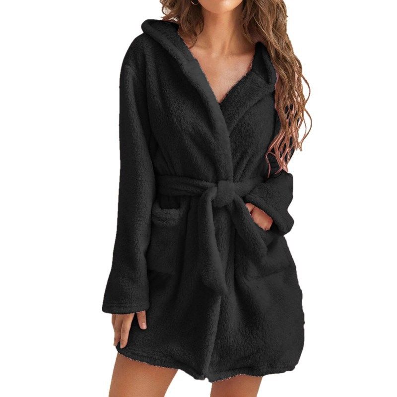 Women's velvet pajamas solid color hooded warm home bathrobe_voghion.com
