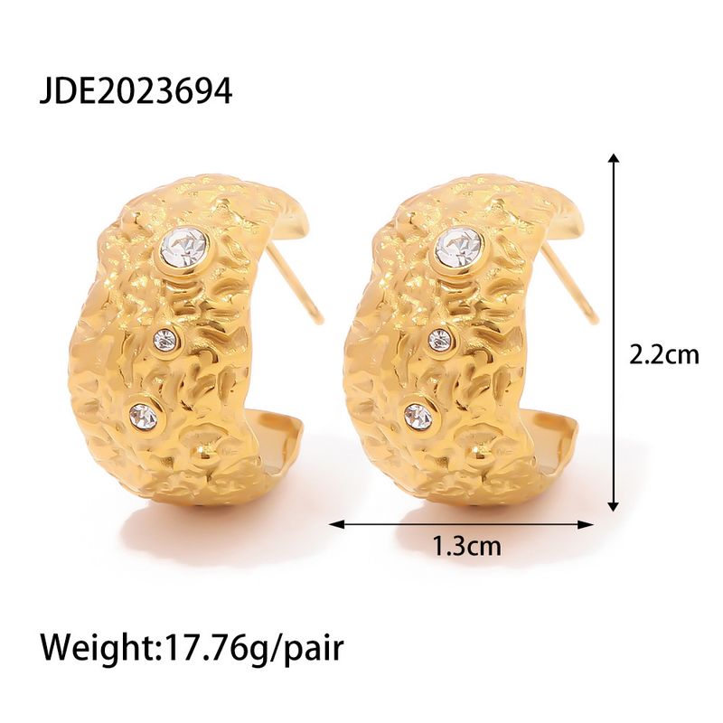 INS French style light luxury trend gold C-shaped inlaid white diamond earrings, high-end titanium steel hollow earrings_voghion.com