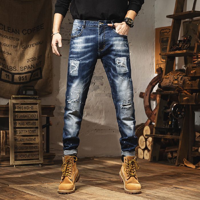 Herenkleding Zware trendy merk retro inktspatten gewassen gat patch jeans heren high-end elastische slanke rechte casual broek_voghion.com