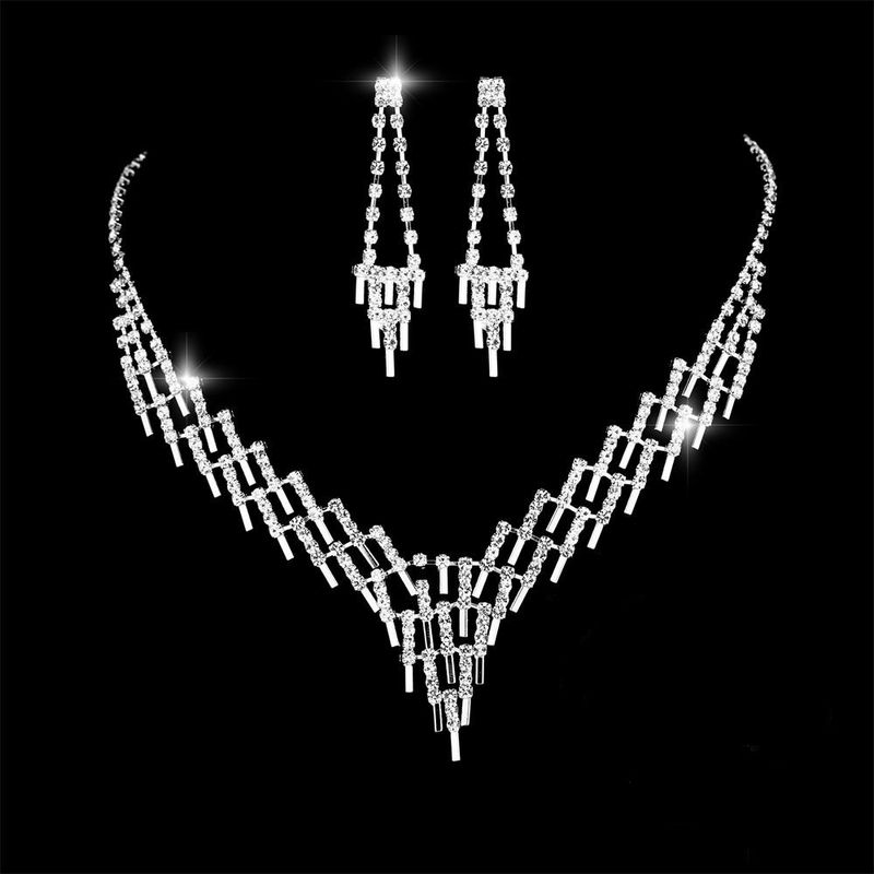 Set di gioielli da sposa - Collana, orecchini e bracciale con strass esagerati in argento sterling (set da sposa da 3 pezzi)_voghion.com