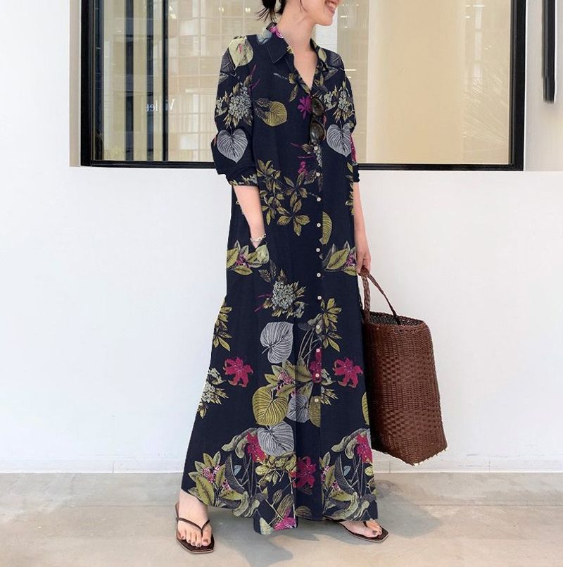 Damen lässiges Baumwoll- und Leinen-bedrucktes Revers-Langarm-Taschen-einfaches, lockeres, lässiges, langes Hemdkleid_voghion.com