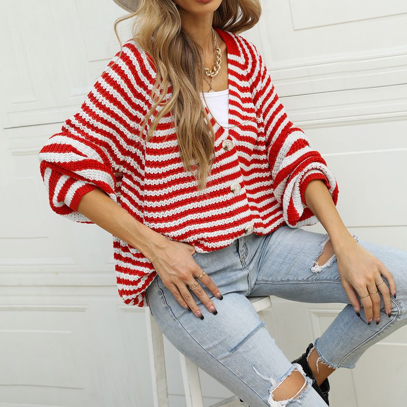 Pull cardigan à col en V et simple boutonnage marron, ample et décontracté, en tricot rayé, grande taille, nouvelle collection printemps 2025_voghion.com