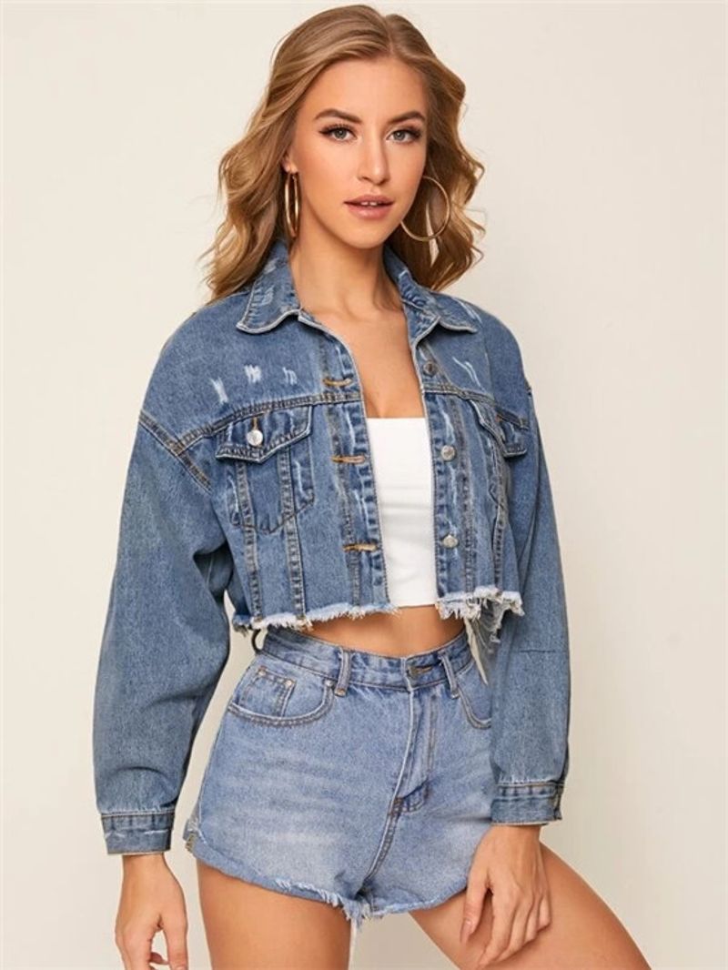Damenbekleidung Neue kurze Oberteile Jeansjacke Damen_voghion.com