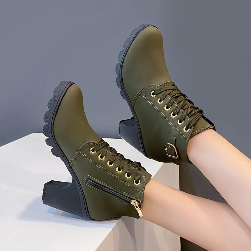 Women's Boots Thick Heeled Ankle Boots Women High Heel Platform Boots Female Snow Boots Lace-Up Fashion Boots Botas_voghion.com