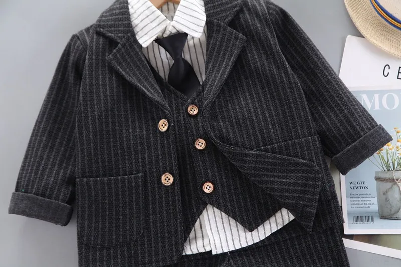 Korean Version Of Boys Striped Shirt Long Sleeved Tie Suit Children's Suit Vest Single Breasted Dress Jacket Four Piece Suit_voghion.com