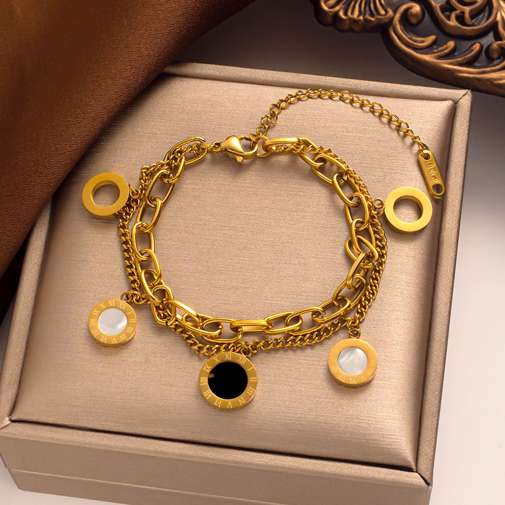 Designer round black and white shell Roman numerals bracelet with titanium steel plating double-layer hollow design fashionable _voghion.com