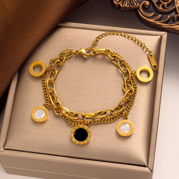 Designer round black and white shell Roman numerals bracelet with titanium steel plating double-layer hollow design fashionable _voghion.com