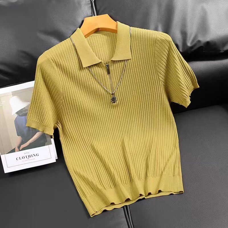 Herrenbekleidung dünnes Poloshirt Herren kurzärmeliger Strickpullover aus Eisseide Halbarm-T-Shirt Revers Halbarm-Bodenhemd Marke_voghion.com