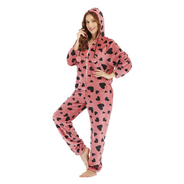 Underwear & Sleepwears Red Heart Print Flannel Hooded Onesie Pajamas - Soft & Cozy Sleepwear For Fall, Home Lounge Wear (Rose Red, S-XXL)_voghion.com
