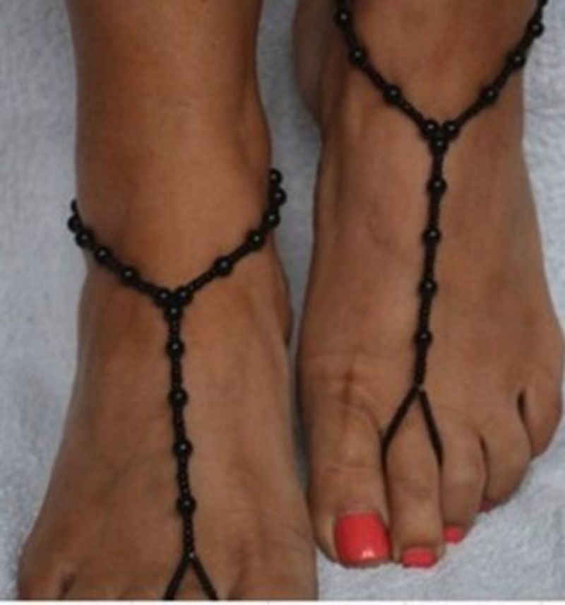 Women's Summer Beach Barefoot Without Shoes Black Pearl Elastic Cuff Anklet_voghion.com