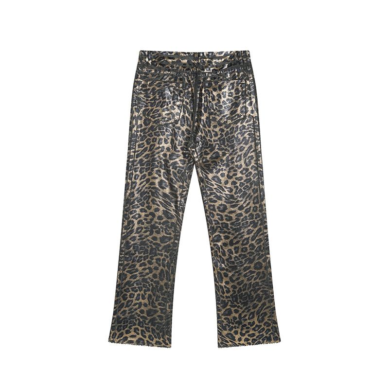 2024 Summer New Trendy Brand Laser Shiny Gold Casual Slightly Stretchy Leopard Print Jeans Unisex_voghion.com