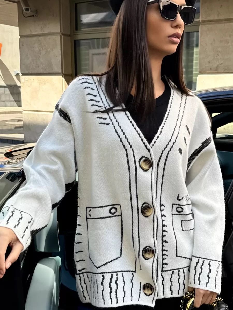 Elegant Jacquard Knit Cardigan For Women - Loose Fit V-Neck Open Front Sweater With Geometric Patterns, Soft & Warm Fall Fashion_voghion.com