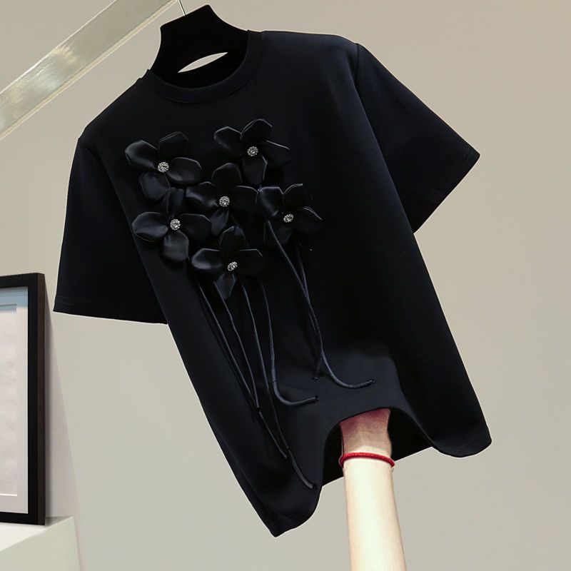 Îmbrăcăminte pentru femei În stoc Tricou de vară cu mânecă scurtă și ciucuri cu diamante, versiune coreeană, top elastic cu guler rotund, lejer, slim, casual_voghion.com