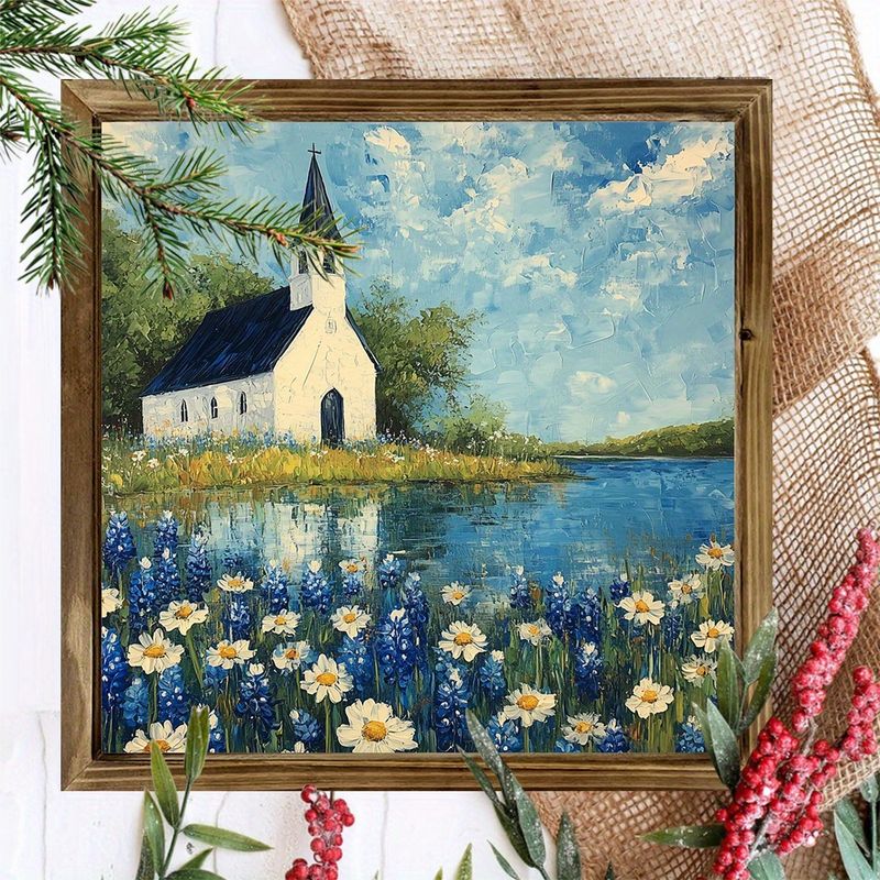 "8x8" Rustik vit kyrka och prästkragar i trä - Lugn lantlig inredning för vardagsrum eller kontor. Perfekt julklapp._voghion.com