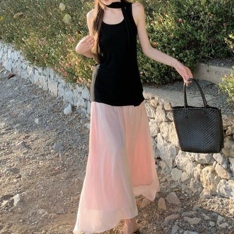 Fairy Gentle Style For Women Summer 2025 New Black Ribbon Vest High Waist Draped Skirt Two-Piece Set_voghion.com