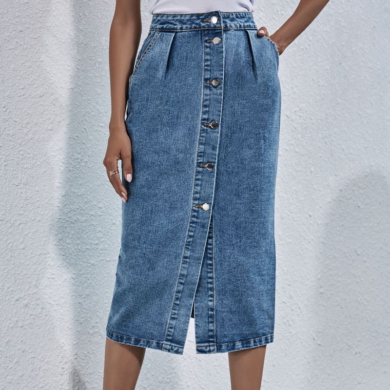 fustă din denim cu un singur rând de nasturi și talie înaltă pentru femei, la modă, îmbrăcăminte_voghion.com