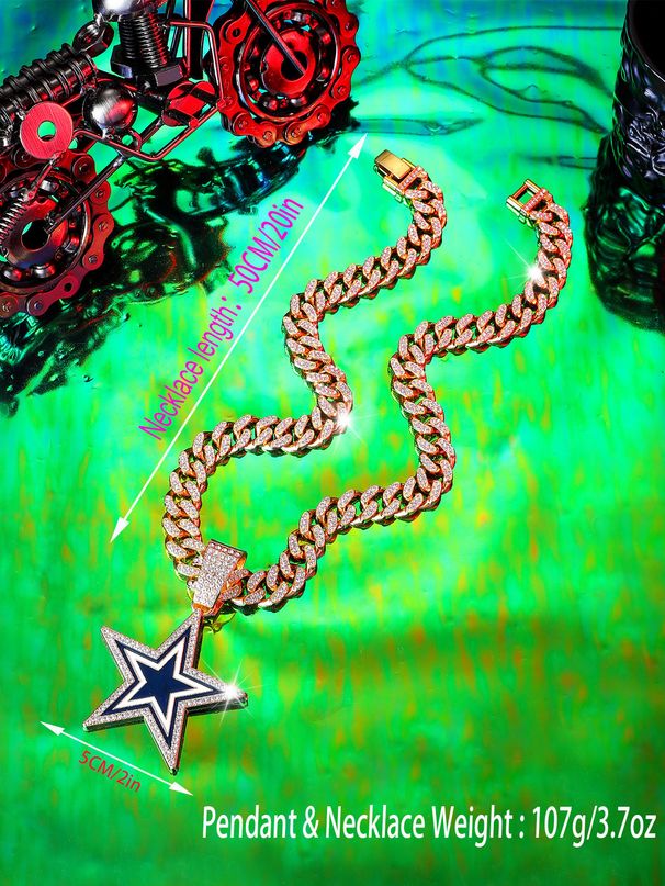 Men Fashion Jewelry Full Diamond Blue Five Pointed Star Necklace Personality Hip Hop Pendant Single Pendant_voghion.com