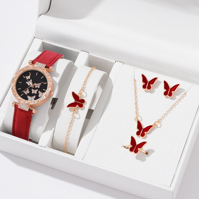 Damskie zegarki na bransoletce, damski zestaw z cyfrowym skórzanym zegarkiem kwarcowym Butterfly Starry Sky_voghion.com