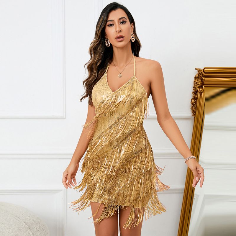 Robe de cocktail à franges et paillettes pour femmes, couleur unie, col licou, col en v, robe de soirée, jupe courte, robe Taylor_voghion.com