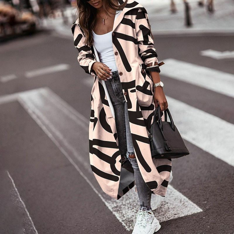 2022 Odzież wierzchnia Kobiety Jesień Nadruk Pełny rękaw Kołnierz odsłaniający Długie płaszcze Swobodny Kieszeń Damski Trencz Streetwear_voghion.com