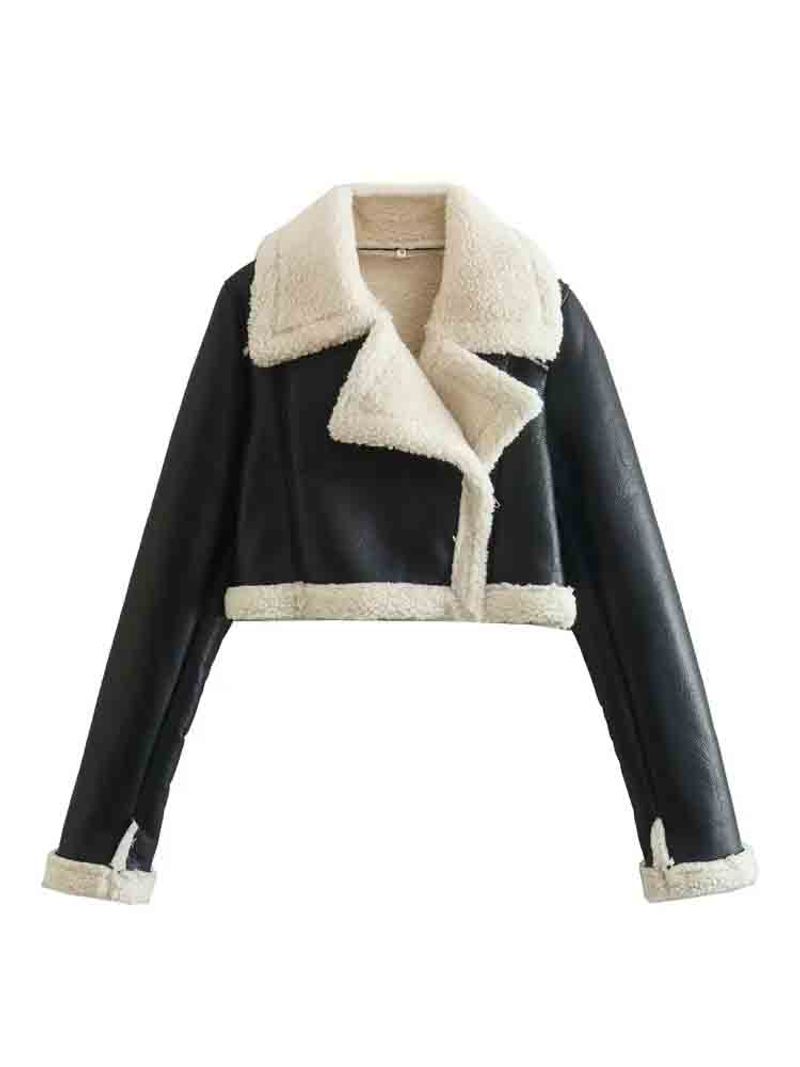 KLKXMYT TRAF Vrouwen 2023 Mode Dikke Warme Faux Shearling Crop Jasje Vintage Lange Mouw Rits Vrouwelijke Bovenkleding_voghion.com