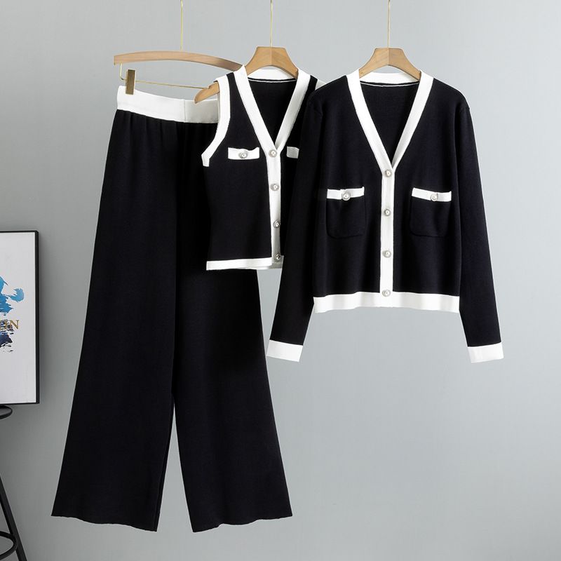 Dameskleding Mode Nieuwe Knoop Slim Wijde Pijpen Trend Vest Cardigan Gebreide Driedelige Set_voghion.com
