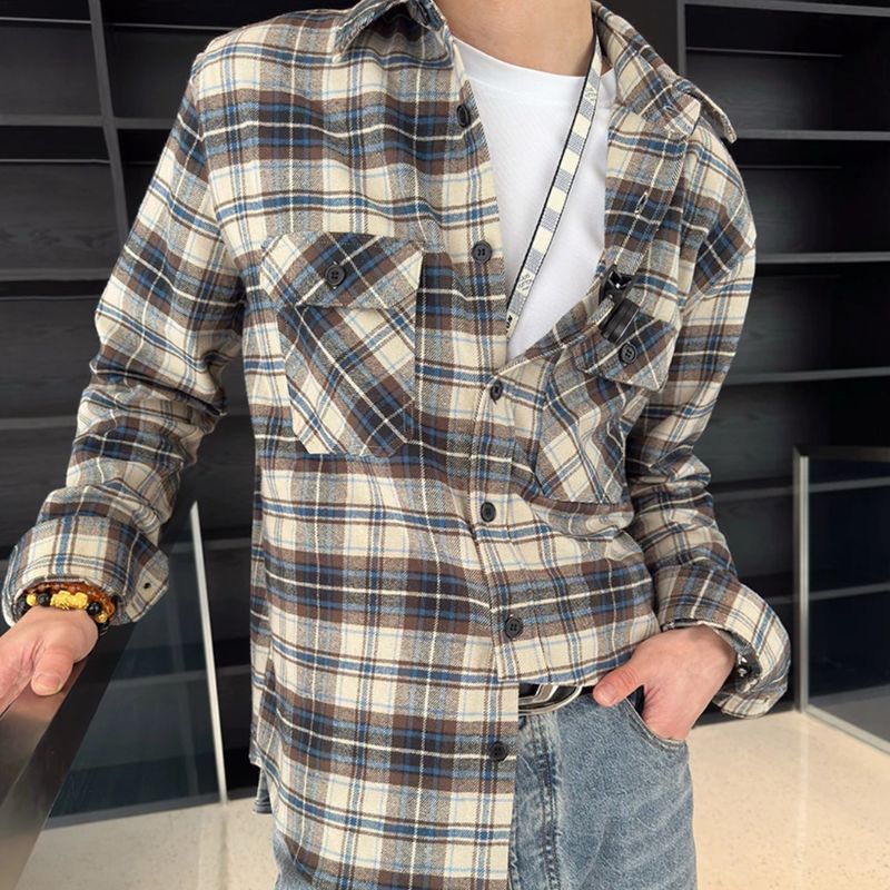 Camicia in flanella di cotone a quadri a righe blu CE, stile casual, per coppia, stile casual, cappotto ampio e alla moda_voghion.com