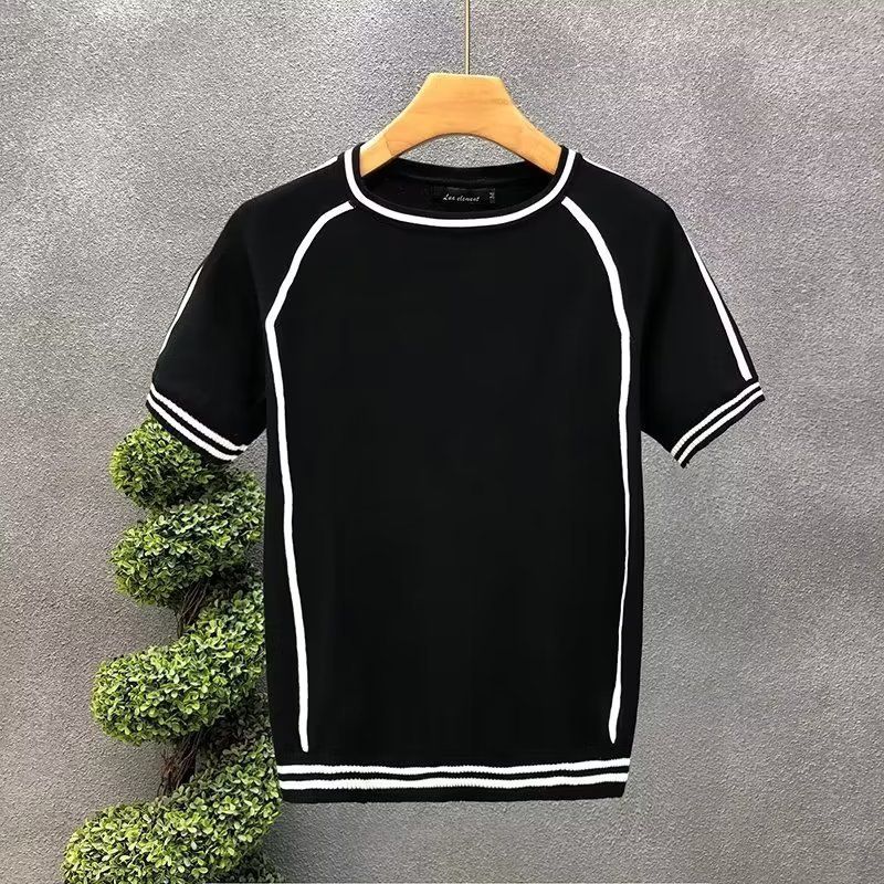 Men's Clothing Summer New Style Ice Silk Thin Knitted Short Sleeved T Shirt Contrast Color Slim Bottoming Shirt_voghion.com